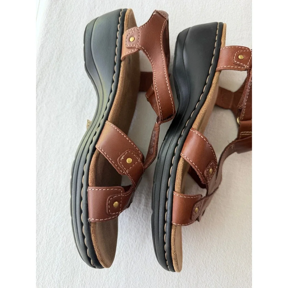 Clarks Collection Hayla Flute Brown Strappy Wedge Hook & Loop Sandals Womens 10M